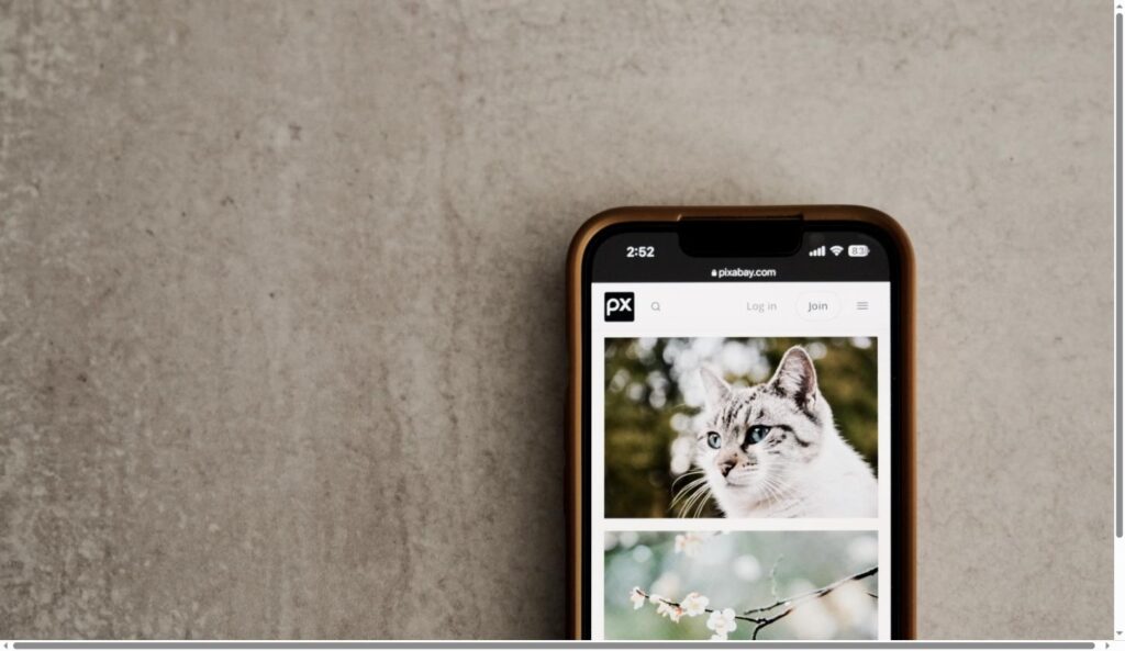 iPhone lying on a desk while browsing photos in a web browser